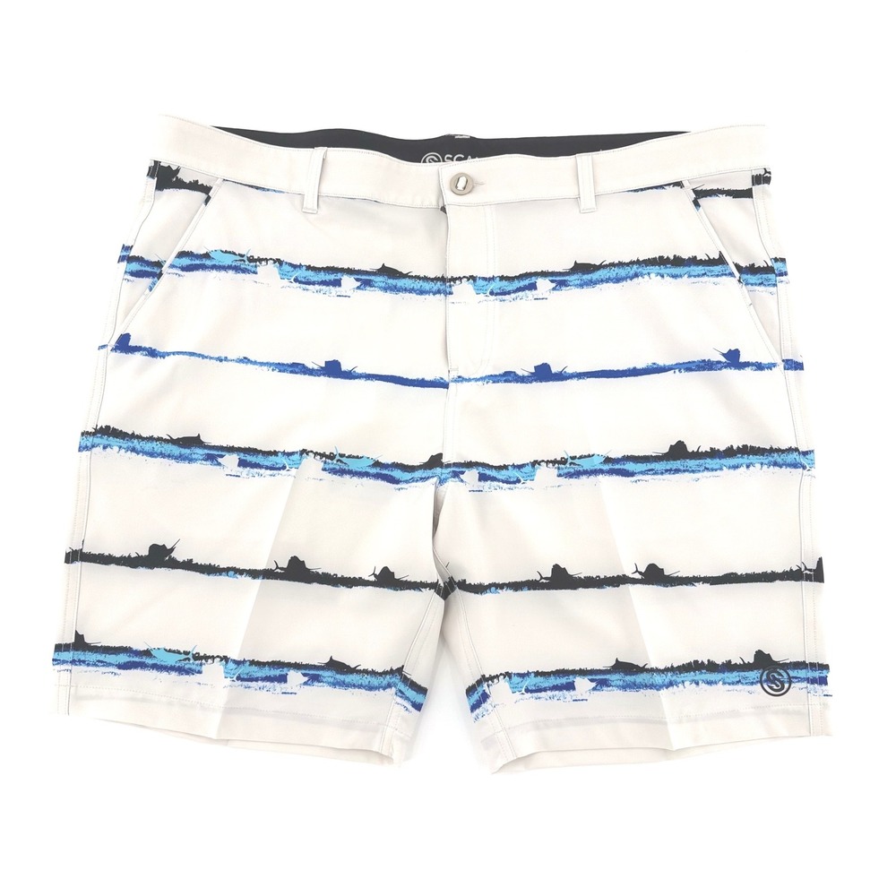 Scales White with Black/Blue Marlin Stripe Performance Fishing Shorts Mens40